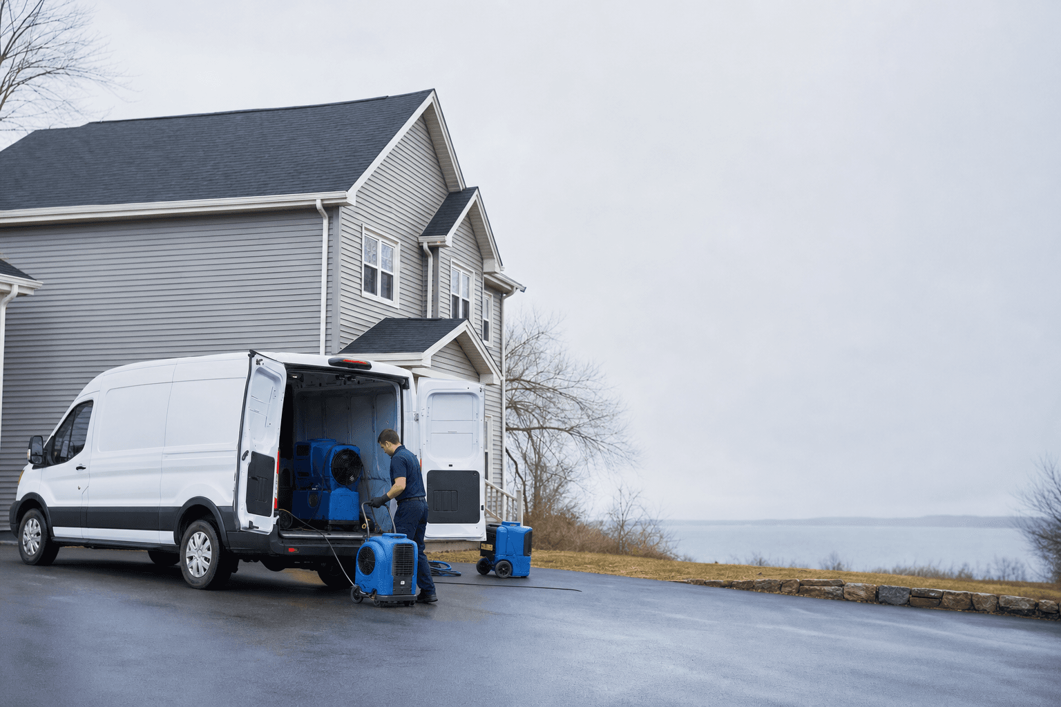 Restoration van and crew outside a Maritime home in the Halifax area