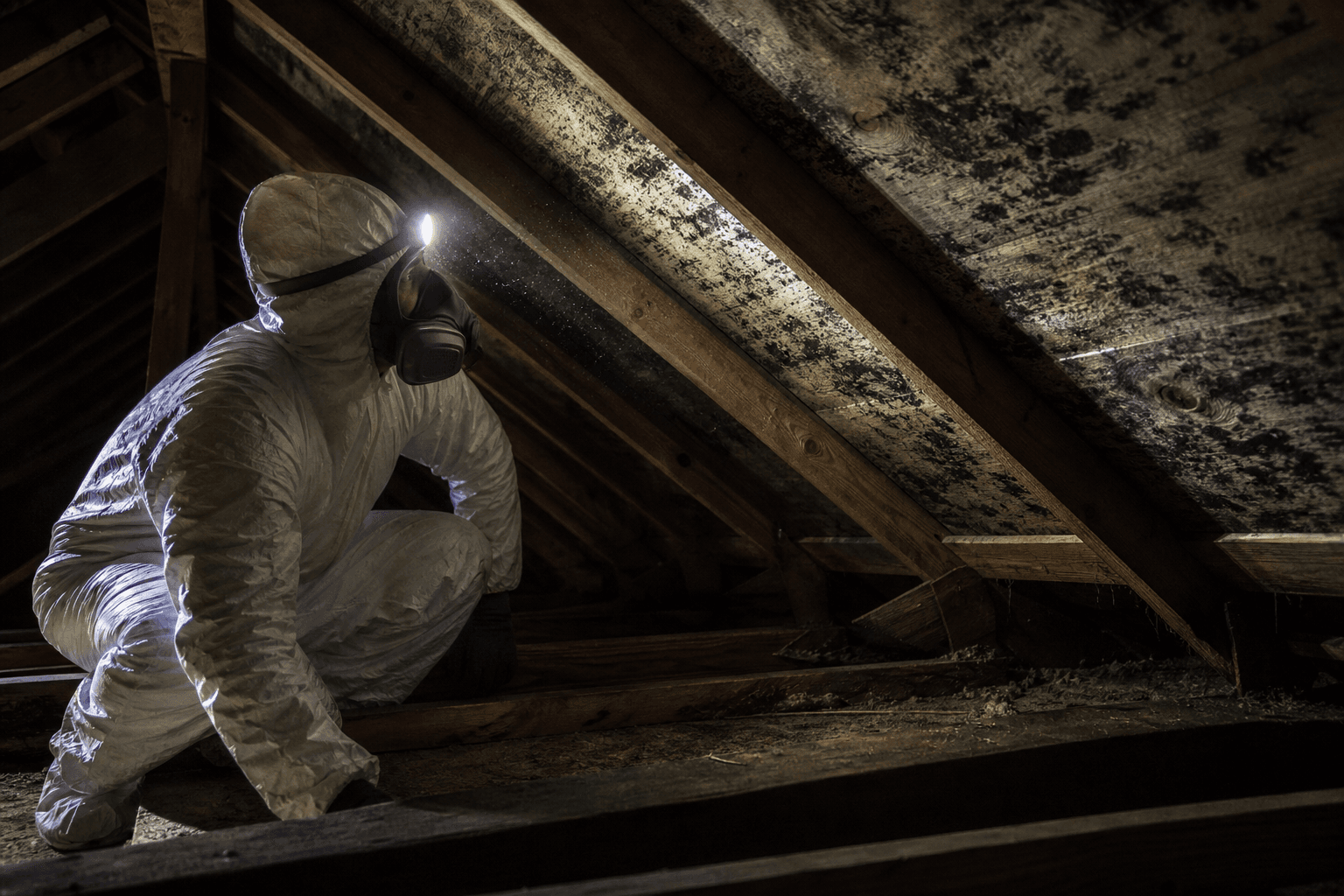Technician in Tyvek suit inspecting heavily mold-covered attic rafters in a Dartmouth home