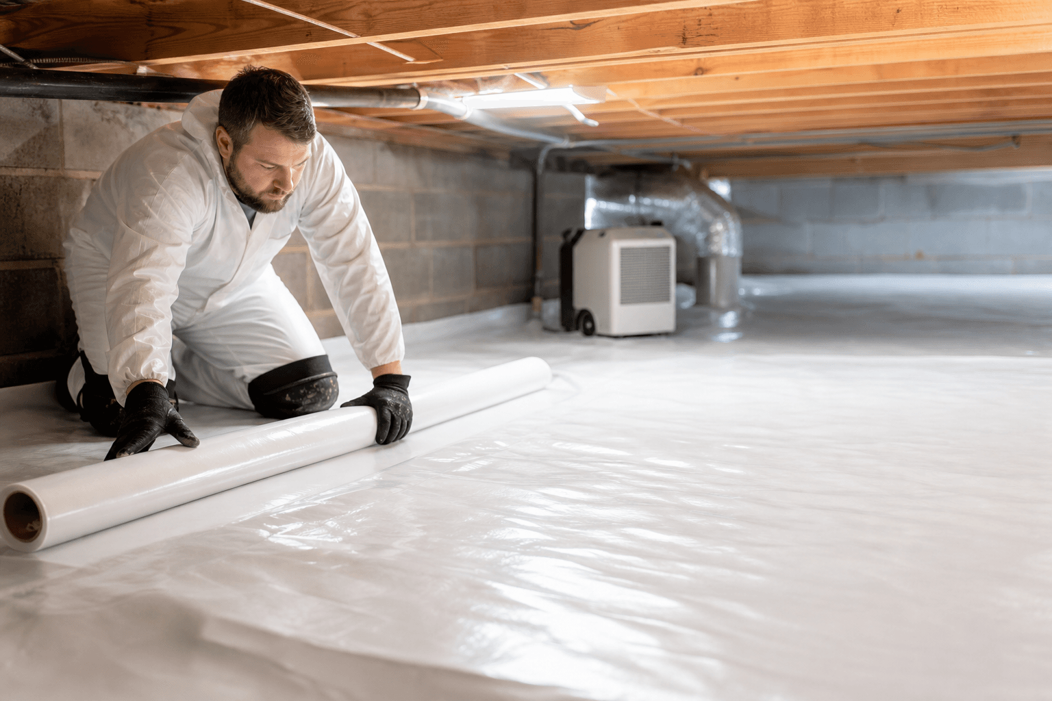 Technician rolling out white vapor barrier sheeting across a crawl space floor