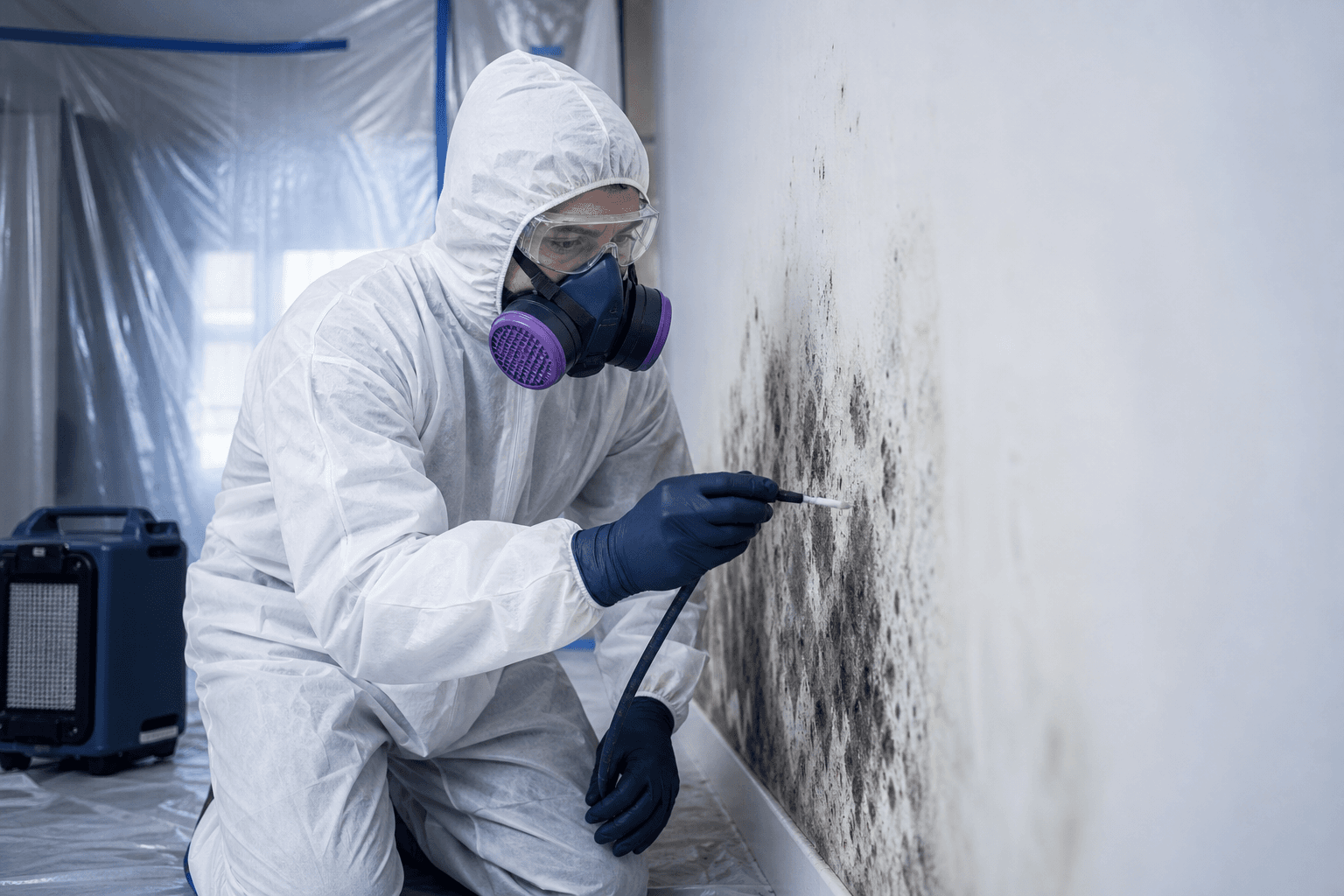 Antimicrobial fogging equipment treating a room after mold removal