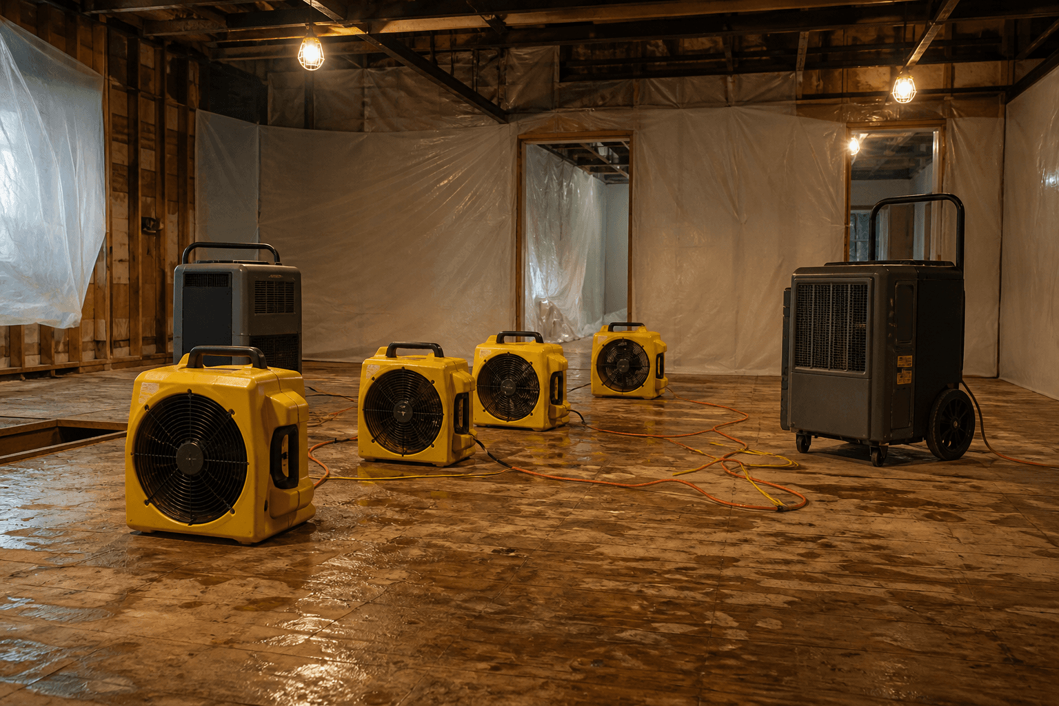 Commercial air movers and dehumidifiers set up in a gutted water-damaged room in Dartmouth