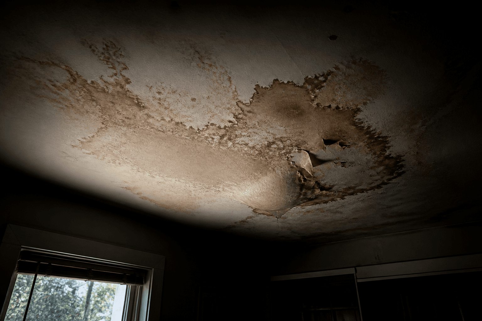 Severely water-stained and sagging ceiling with peeling paint in a Dartmouth home