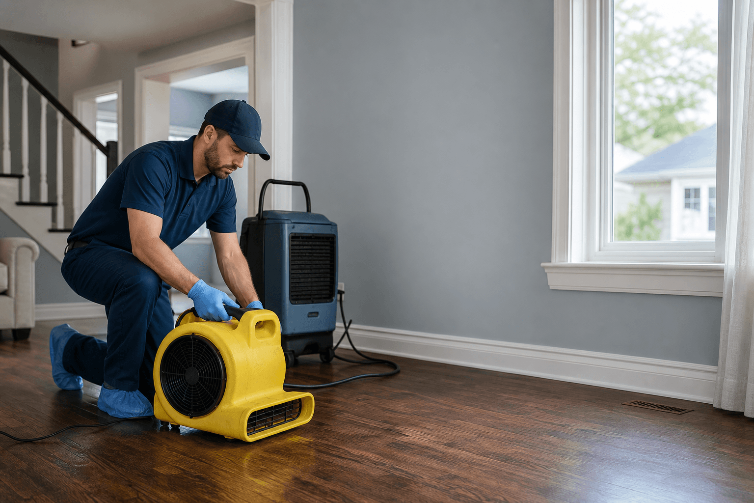 Technician drying water-damaged hardwood floor with an air mover in a Dartmouth home