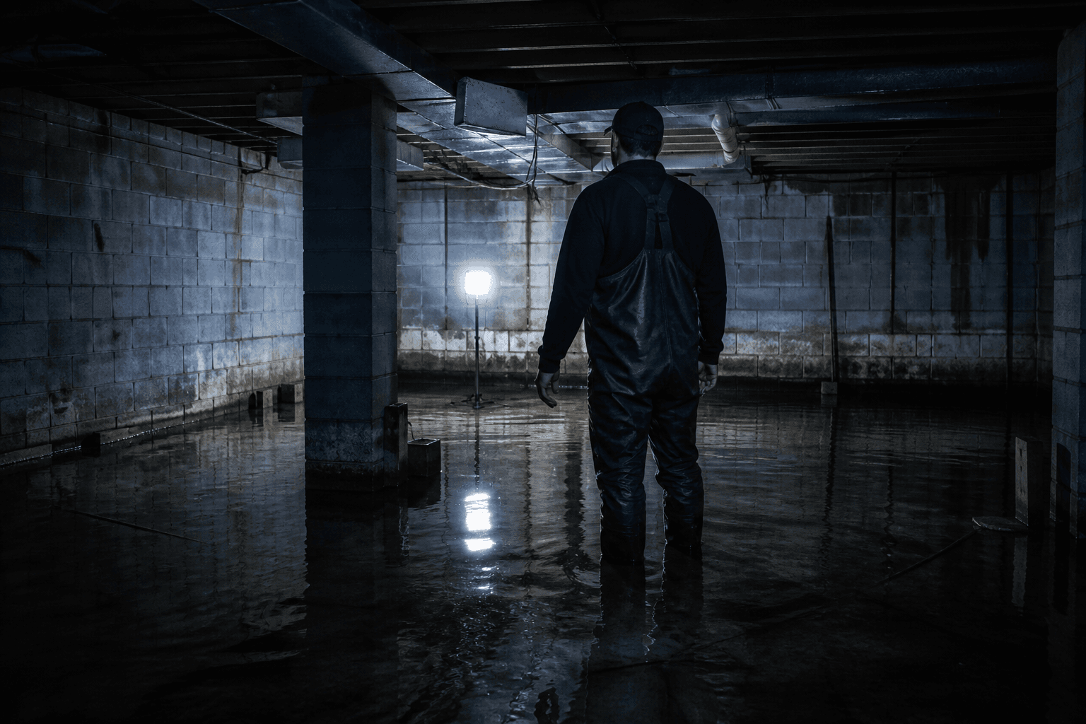 Restoration technician in waders surveying a completely flooded basement in Dartmouth