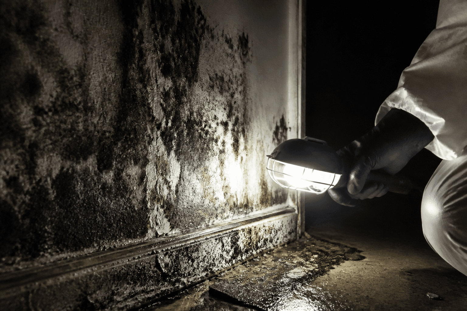 Gloved technician illuminating heavy black mold growth on a wall with a work light