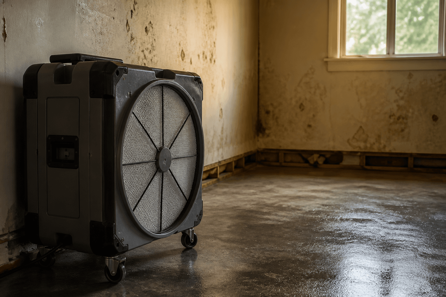 Commercial HEPA air scrubber running in an empty room after water damage remediation