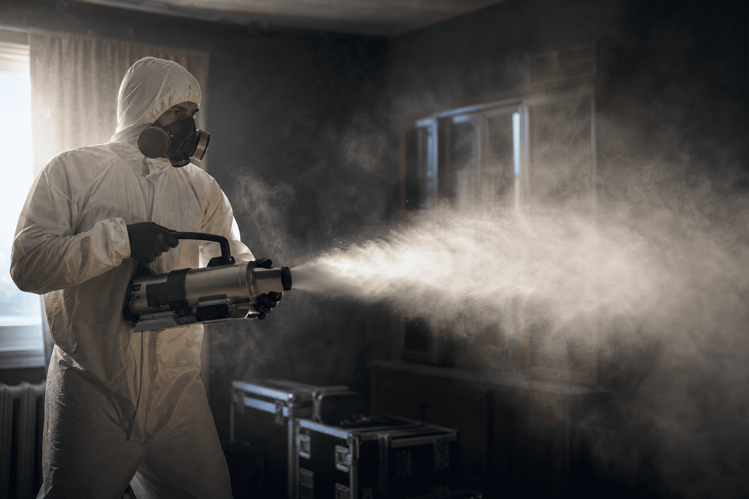 Technician in protective suit operating a fogging machine filling a room with antimicrobial mist
