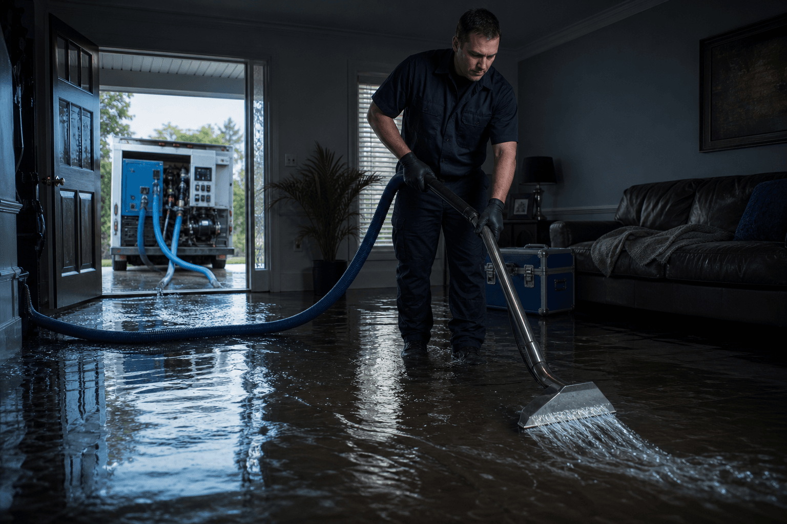 Technician operating a commercial water extraction unit in a flooded living room in Dartmouth